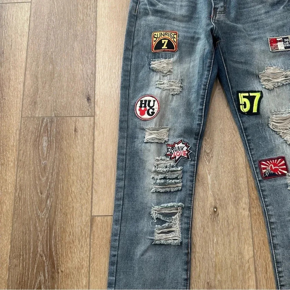 SoSoo Men's Distressed Patchwork Medium Wash Denim Jeans Size 31 GUC - Picture 6 of 10